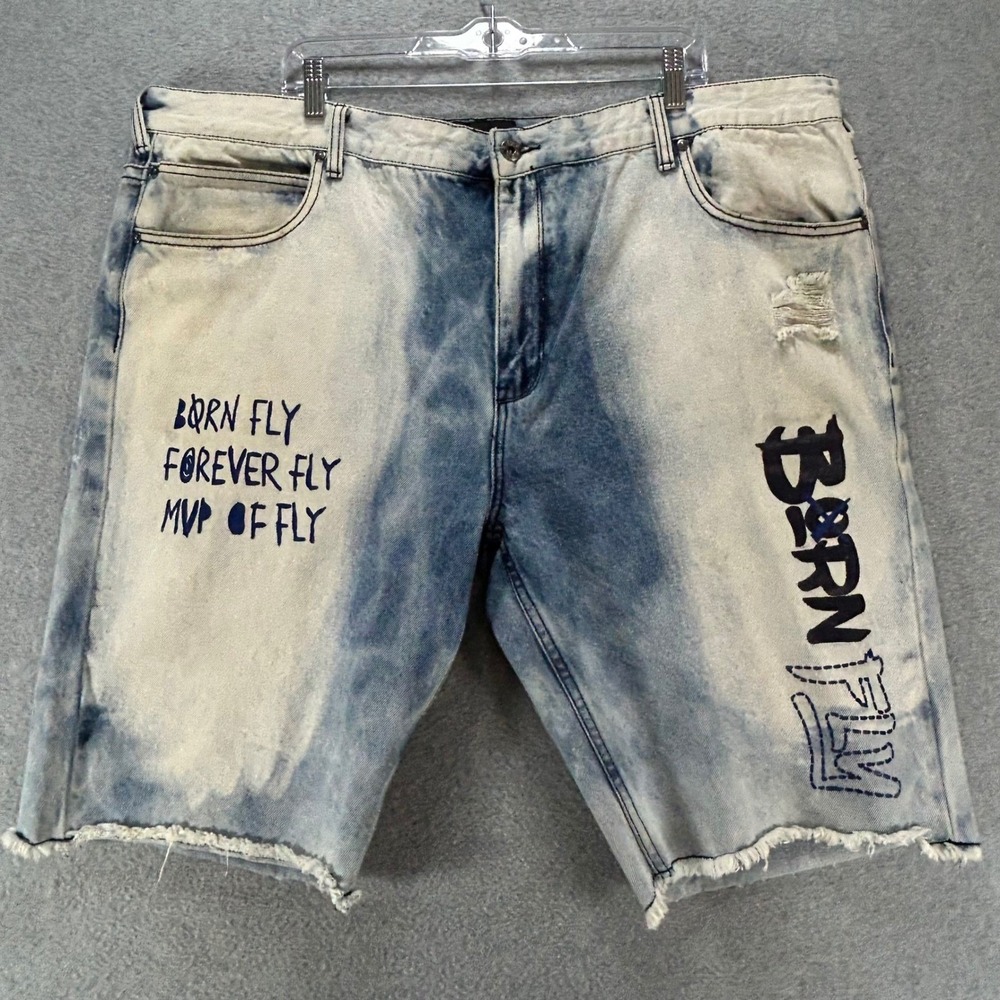 Born Fly Denim Shorts Mens 44 Blue Acid Wash Streetwear Hip Hop Graphic